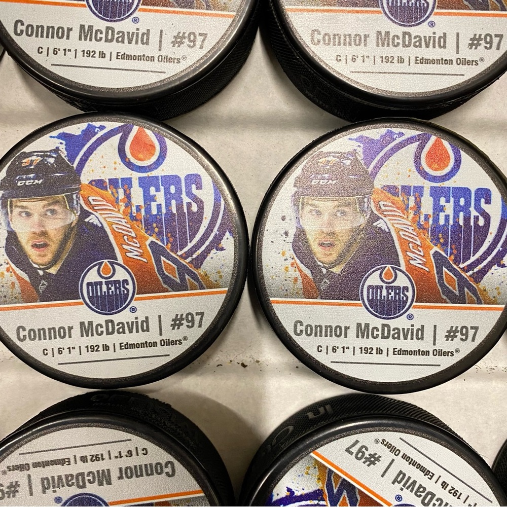 Connor McDavid Edmonton Oilers #97 NHLPA Souvenir Photo Pucks LOT OF 2 New